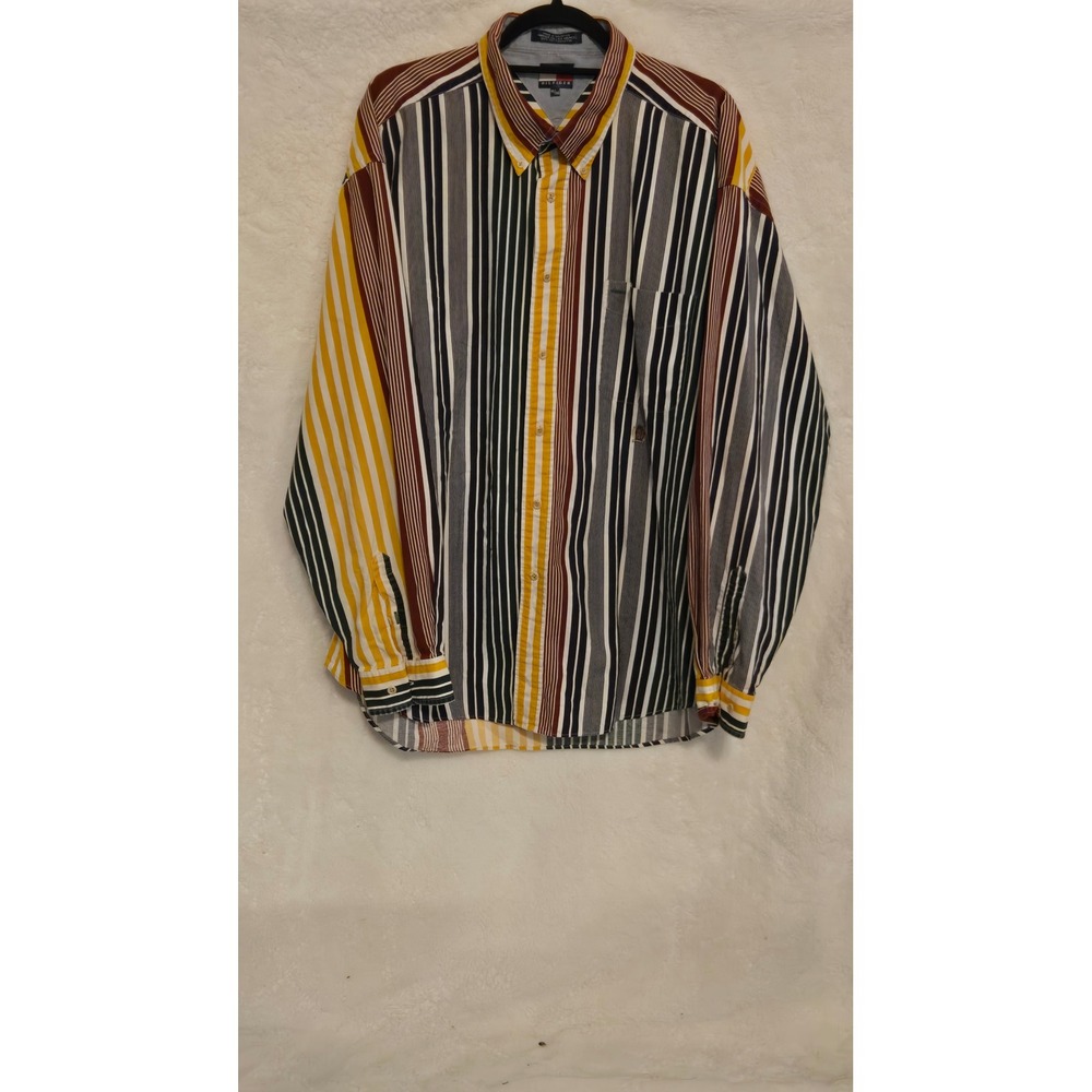 Tommy Hilfiger Mens XXL Y2K Shirt Multi Color Vertical Stripe Button Down